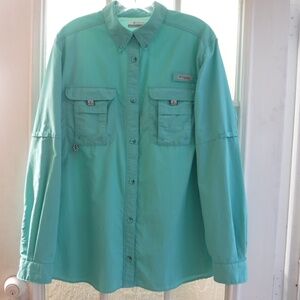 Columbia PFG Turquoise Blue Button Down Roll Tab Sleeve Shirt